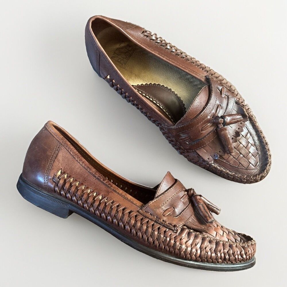 $110 Men's Brown Leather Woven Tassel Loafers Slip On Dress Shoes Size 8 M